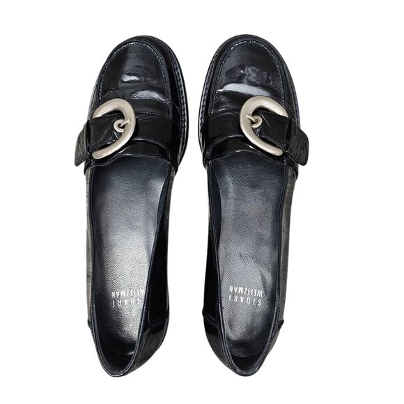 Stuart Weitzman Black Patent Leather Buckle Slip On Loafer Shoe - Picture 5 of 8